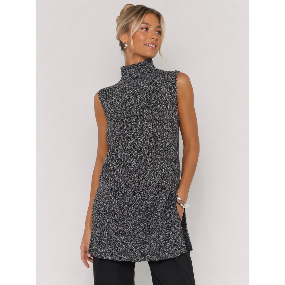 Robert Kitchen Marled Black White Sleeveless Mock Neck Tunic Sweater XL NWT